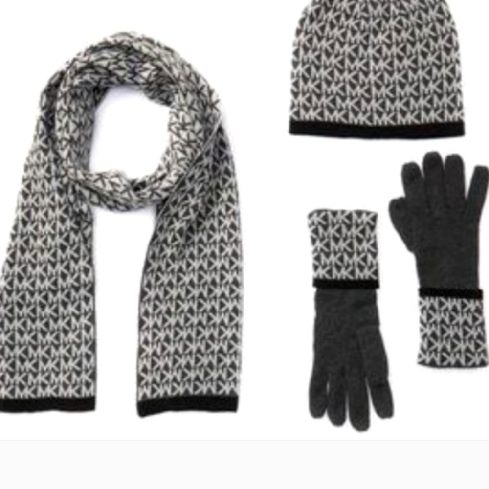 Michael Kors Black and White Hat, Scarf, and Gloves Set - Picture 2 of 4